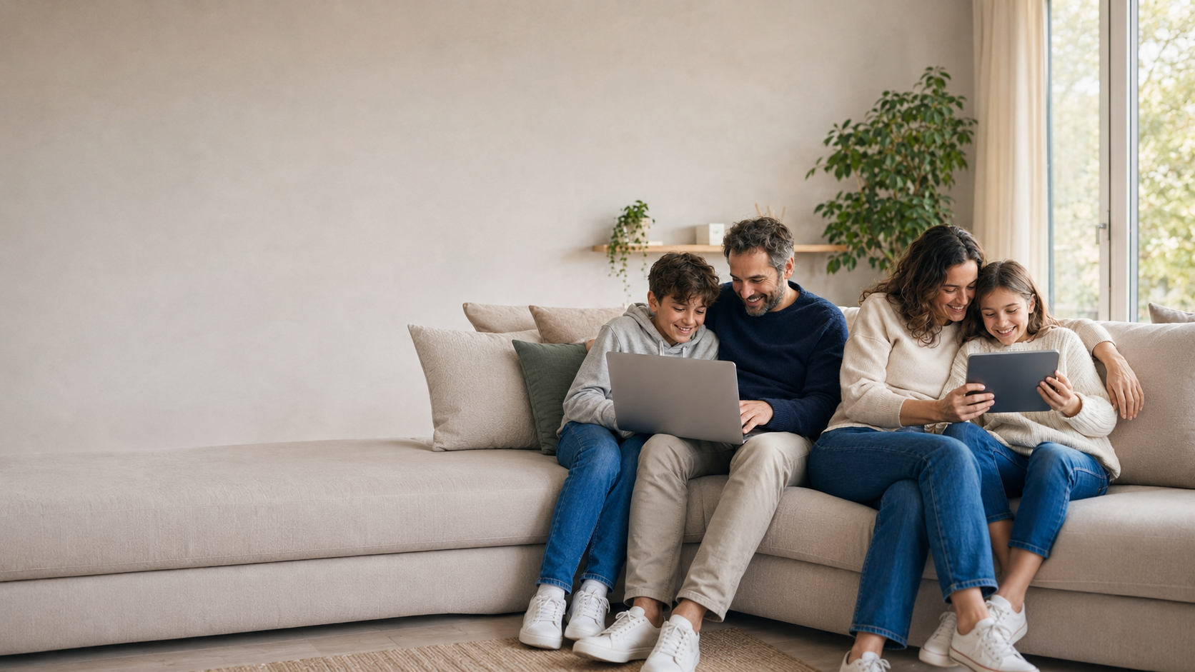 Eine Familie mit Kindern nutzt gemeinsam Internet und digitale Geräte zu Hause
